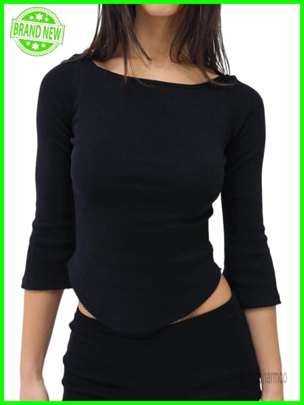 Boat Neck 3/4 Sleeve Crop T-Shirt Picot Trim Slim Fit Going Out Tee